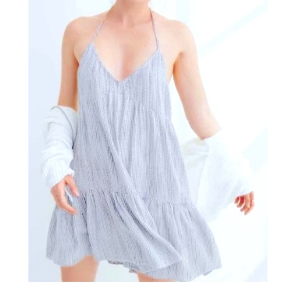 New Aerie Womens Mini Flowy Stripe Blue Dress cross back Size L - Picture 1 of 6